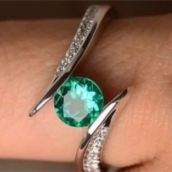 Amazon.com: Emerald Rings 925 Sterling Silver Round Diamond  Green Emerald and Zircon Gemstone Ring Silver Plated